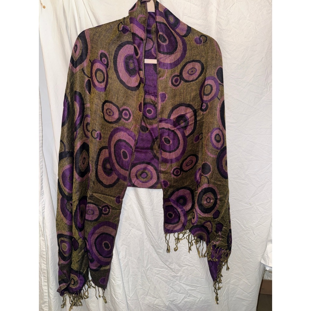 D&G Pashmina Cashmere Silk Scarf Purple Gold Circle Print Fringe Wrap Shawl‎